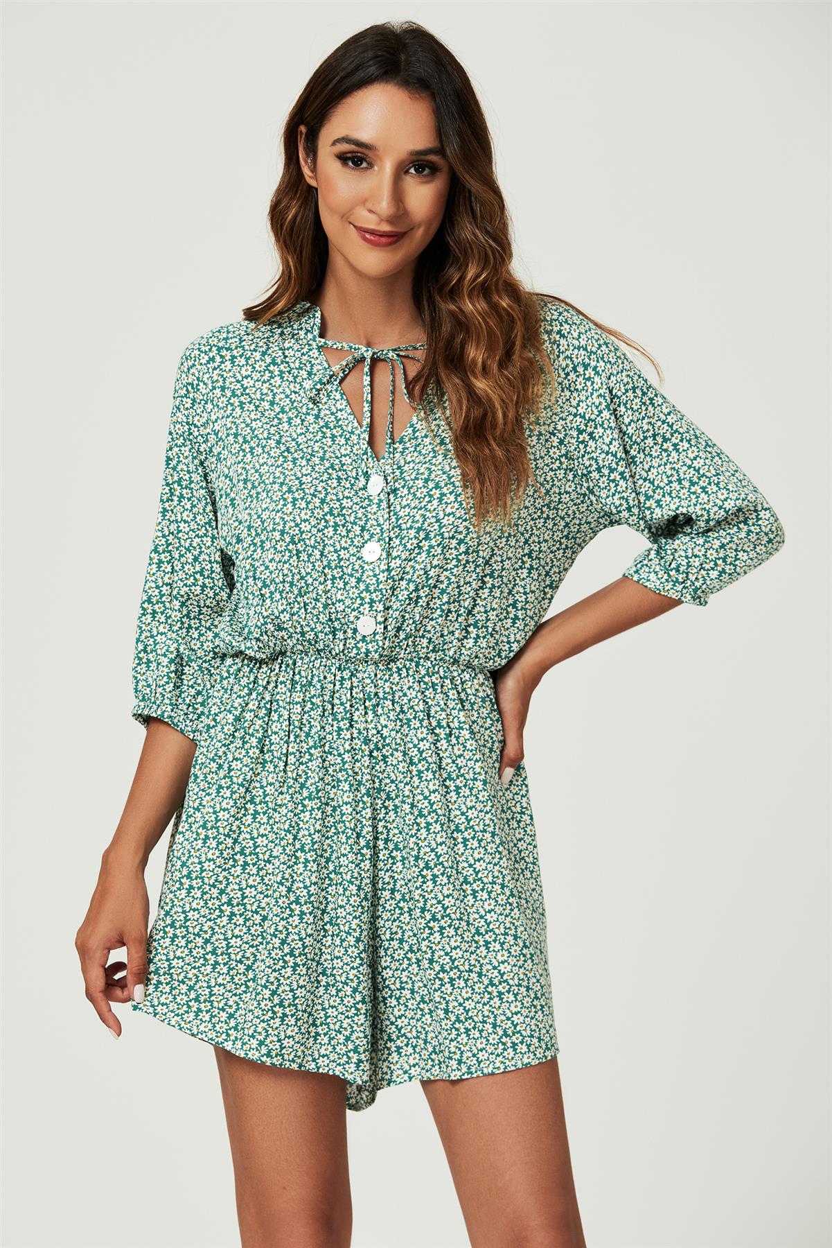 Daisy Floral Print Boho Playsuit With Buttons In Green TT052-GreenDaisy