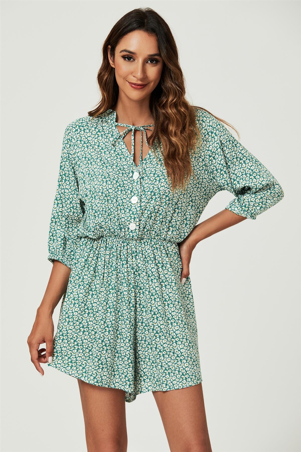 Daisy Floral Print Boho Playsuit With Buttons In Green TT052-GreenDaisy