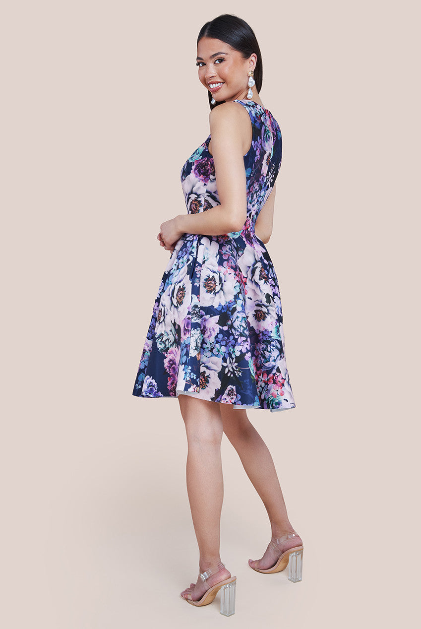 Scuba Foam Floral Skater Mini Dress - Navy DR3509