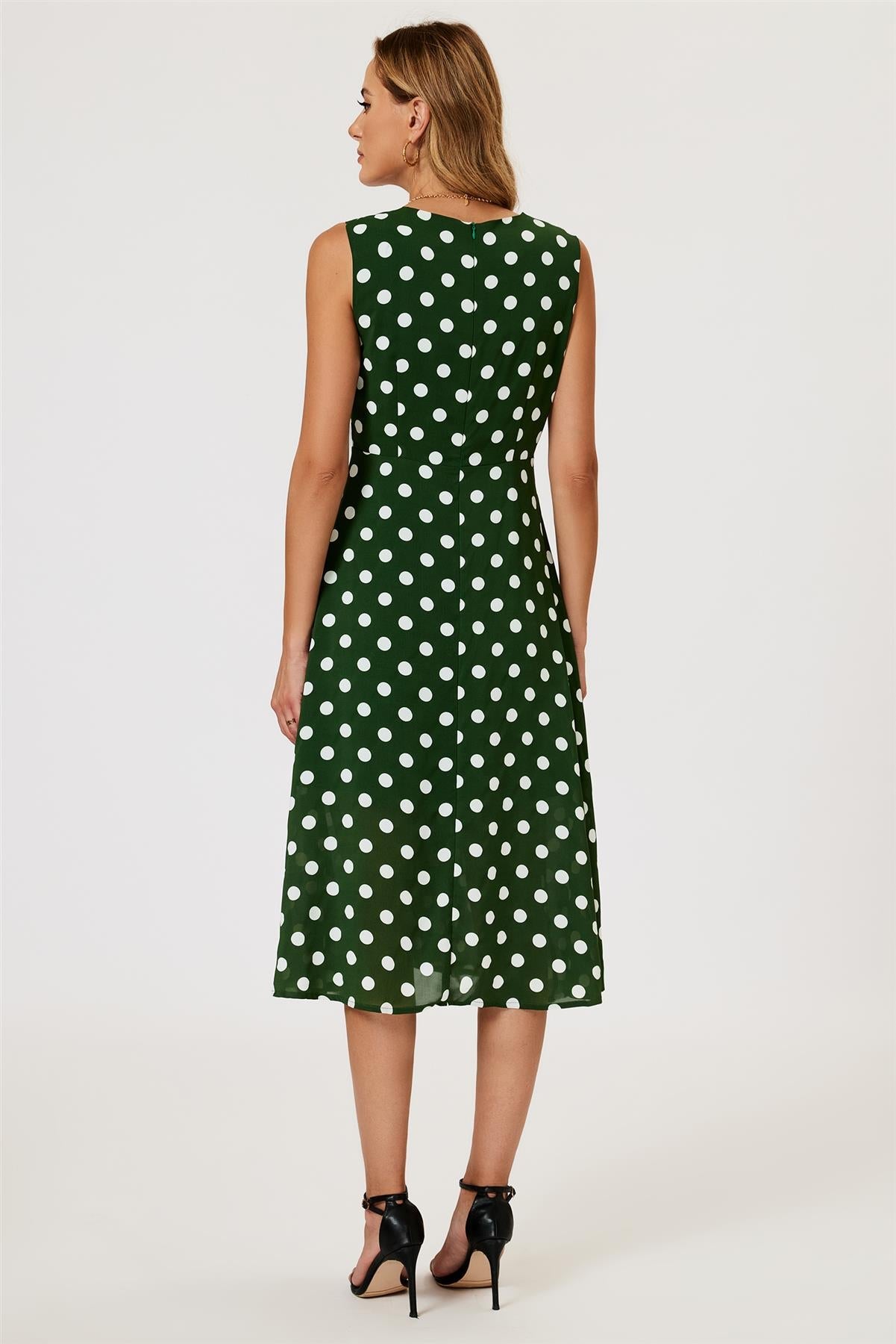 Polka Dot Print Heart Neck Midi Green FS887