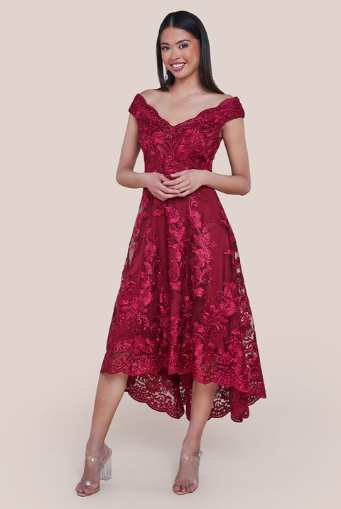 Embroidered Lace Midi Dress With Asymmetrical Hem - Wine by Goddiva