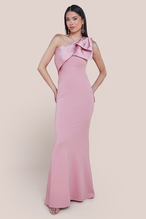 One Shoulder Satin Bow Scuba Crepe Maxi Dress - Blush DR4183