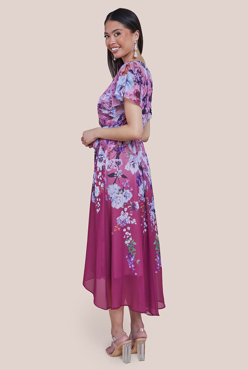 Flutter Sleeve A-Line Chiffon Floral Printed Midi Dress - Magenta DR4481