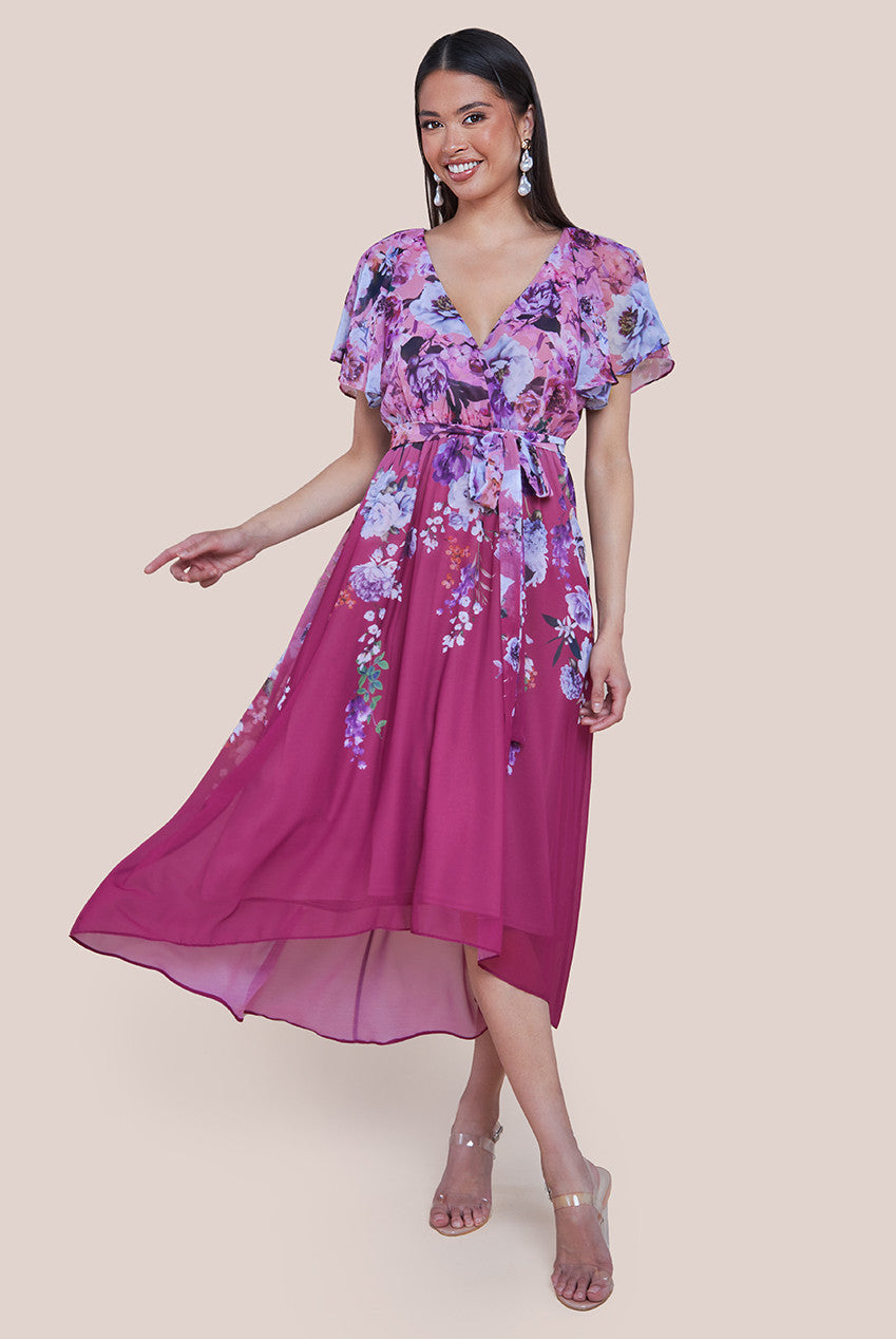 Flutter Sleeve A-Line Chiffon Floral Printed Midi Dress - Magenta DR4481