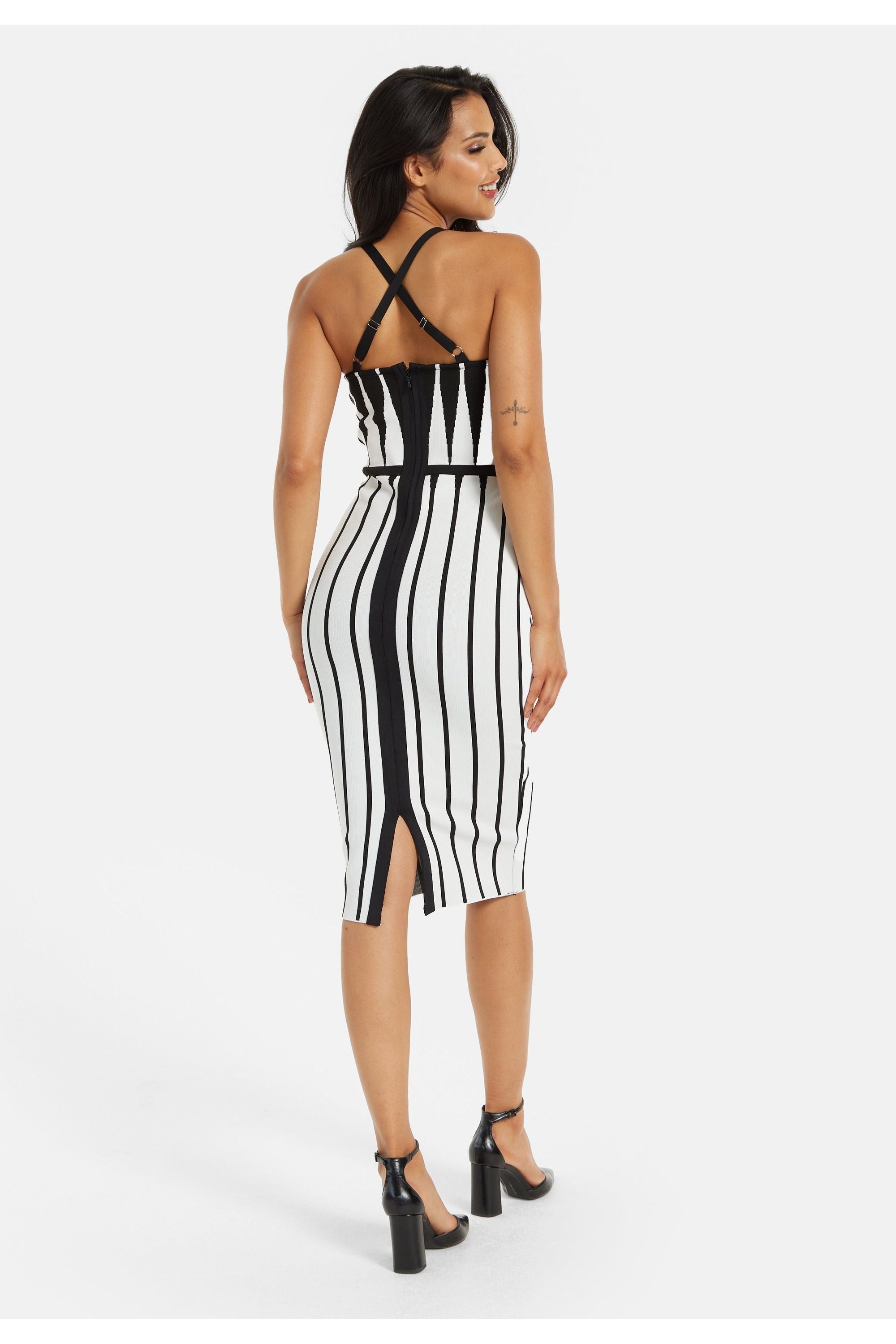 Vertical Black And White Striped Knitted Midi Dress MYL015006