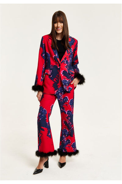 Red - Floral Print Red Blazer With Fluffy Trim In Black by Liquorish