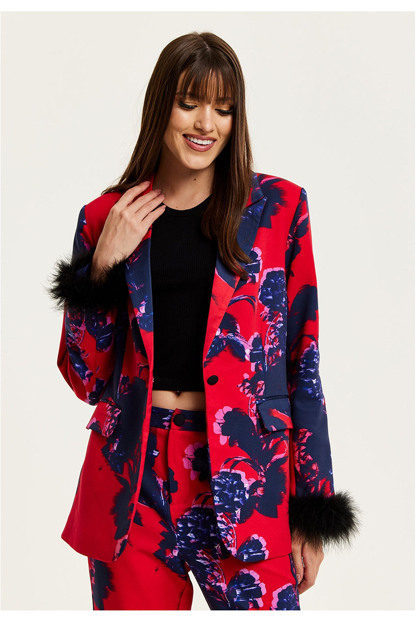 Floral Print Red Blazer With Fluffy Trim In Black H21-LIQ23AW009F