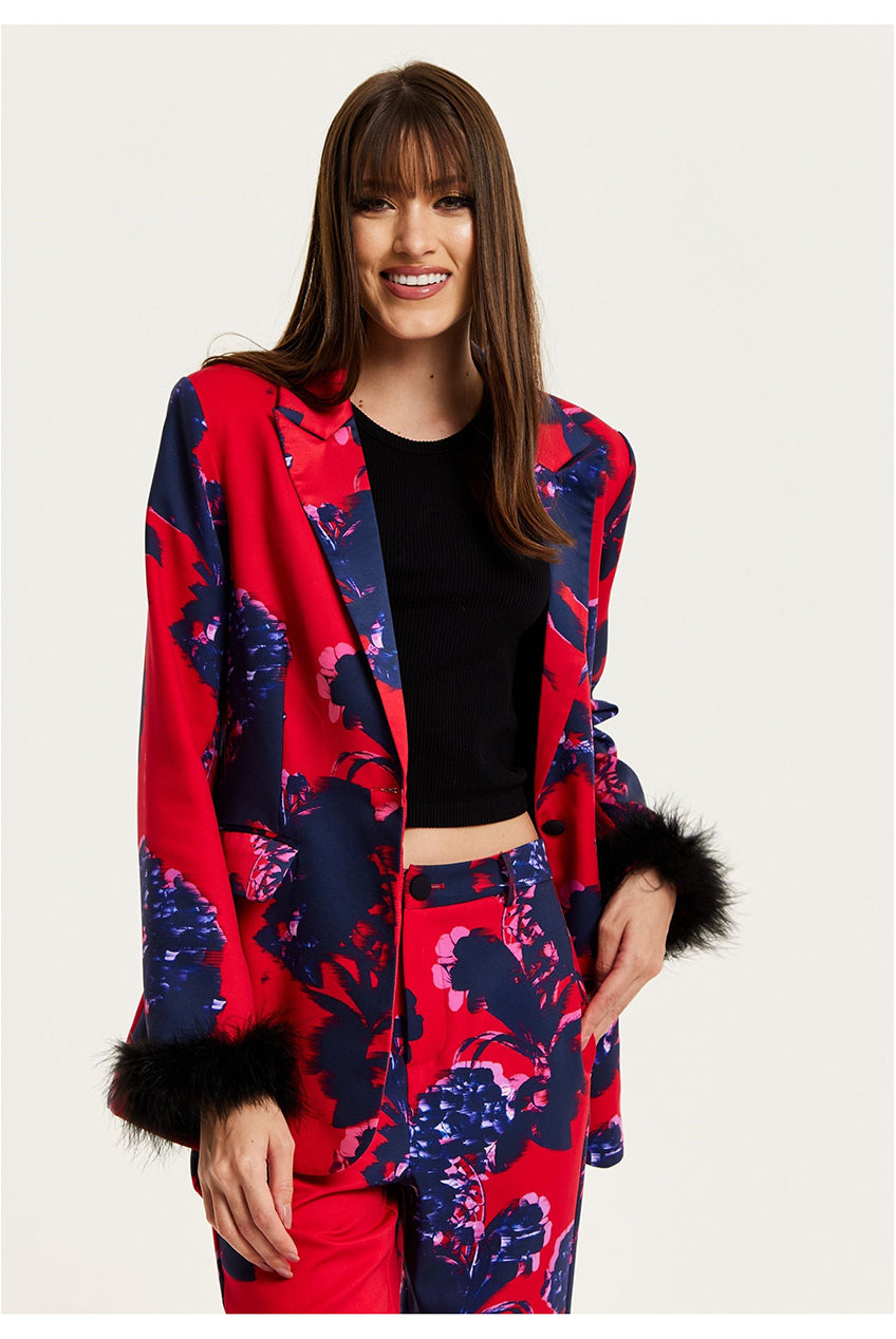 Floral Print Red Blazer With Fluffy Trim In Black H21-LIQ23AW009F