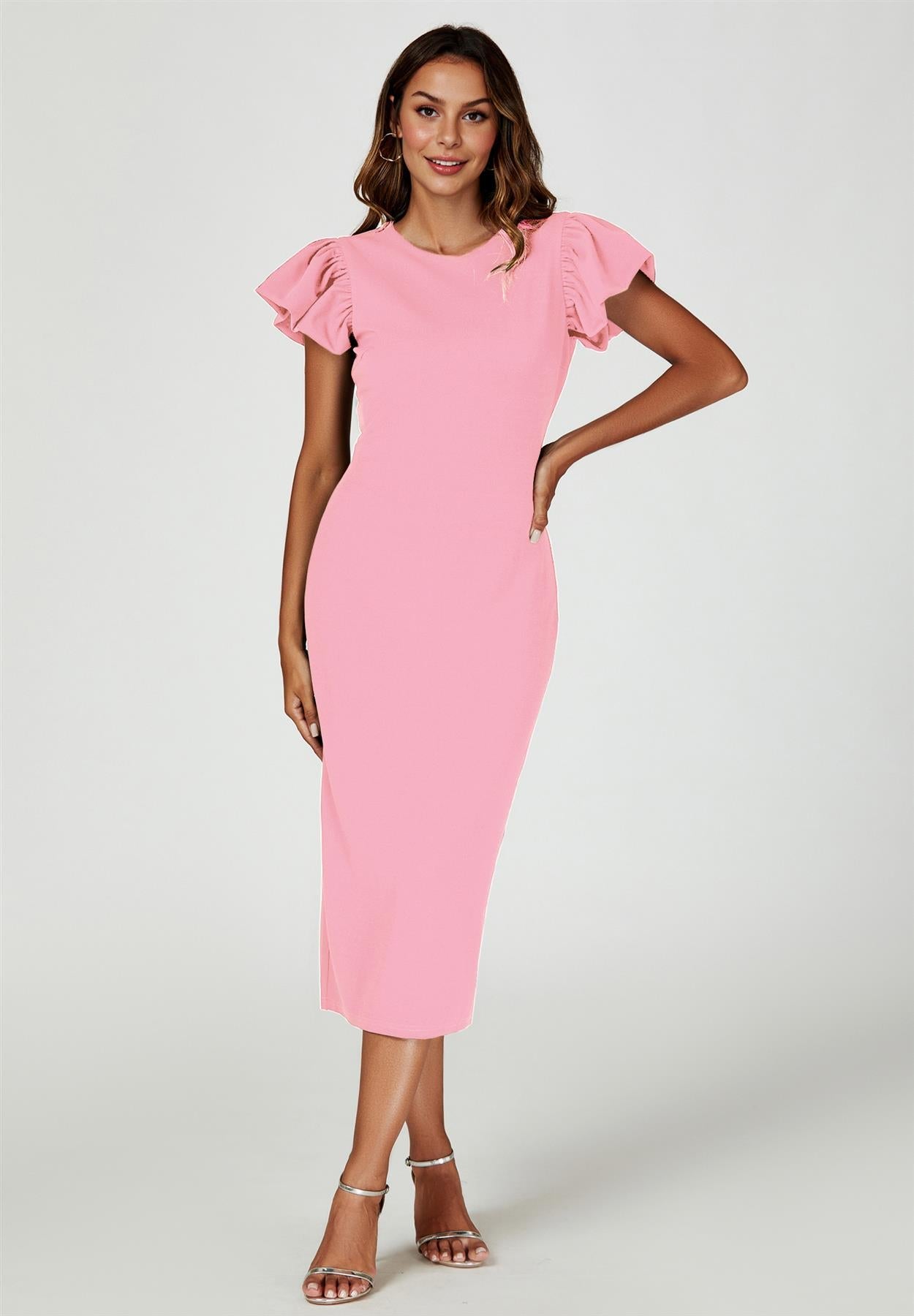 Volume Sleeve Bodycon Midi Dress In Pink FS770
