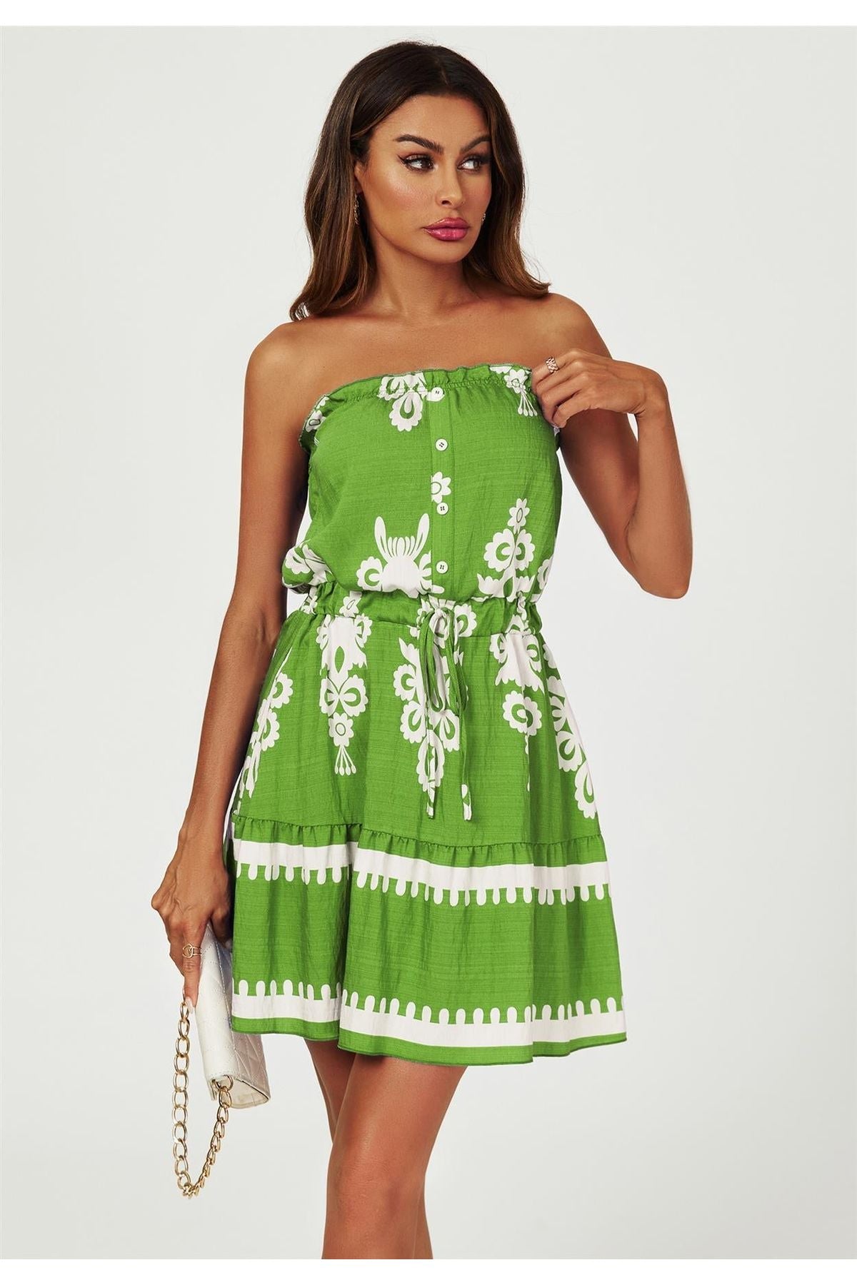 Printed Broderie Strapless Mini Dress In Green FS544-GreenWhite