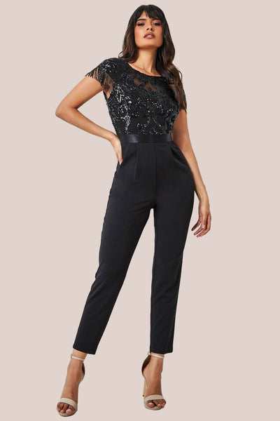Black - Tassel Sequin Jumpsuit - Black by Goddiva