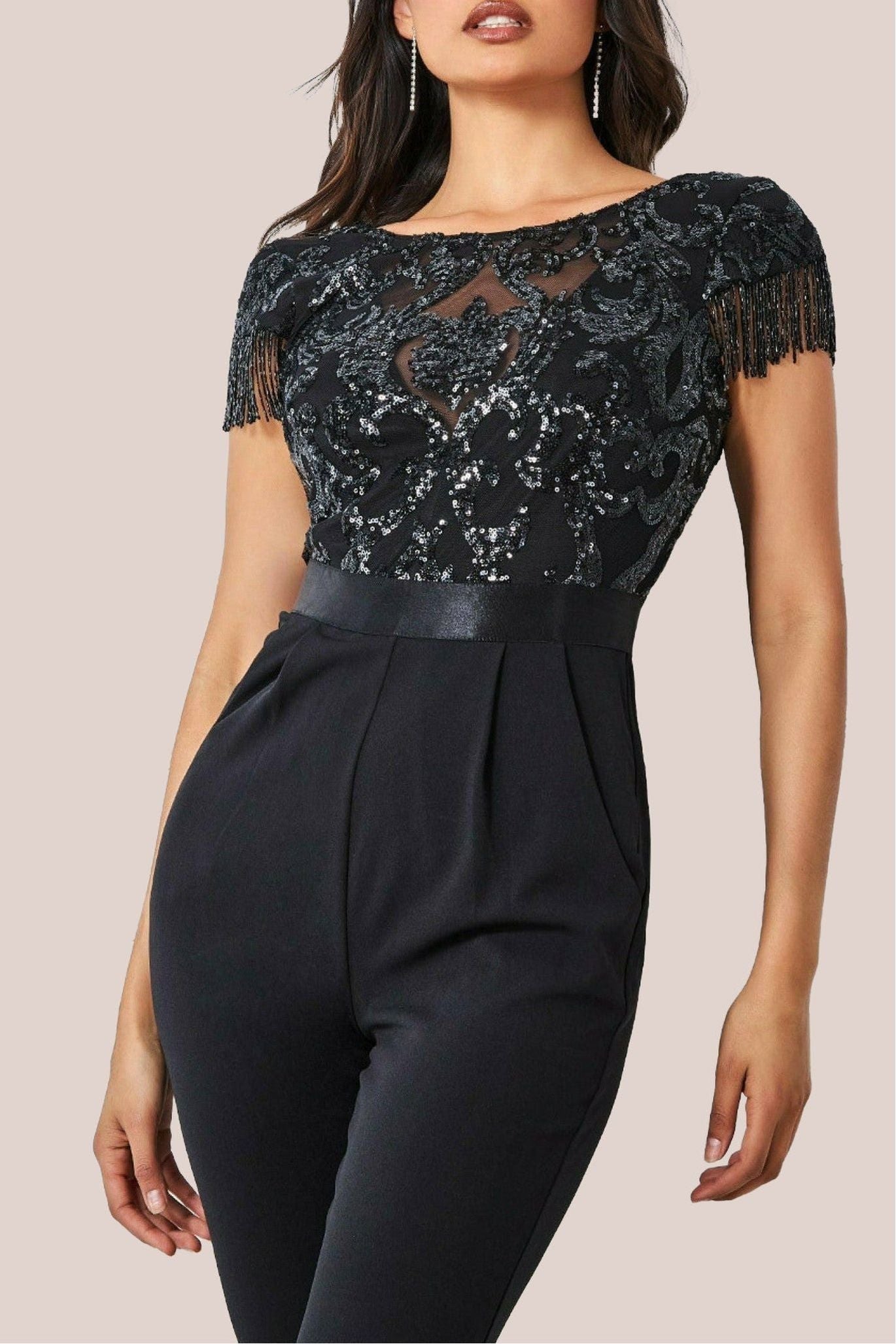 Tassel Sequin Jumpsuit - Black TR268