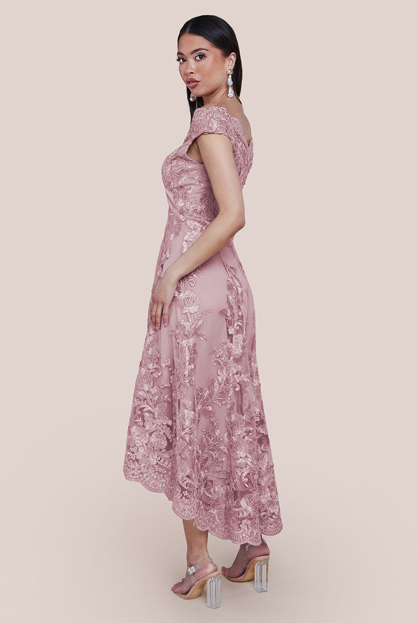 Embroidered Lace Midi Dress With Asymmetrical Hem - Blush DR1471A