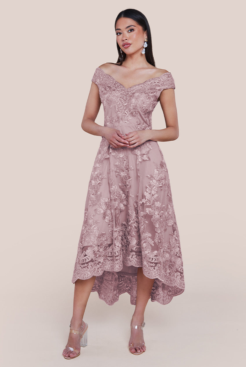 Embroidered Lace Midi Dress With Asymmetrical Hem - Blush DR1471A