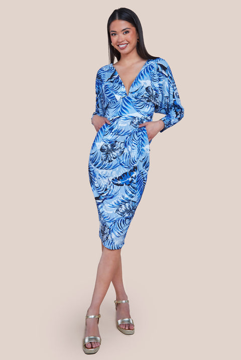 Tropical Print Midi With Batwing Sleeves - Blue DR3662