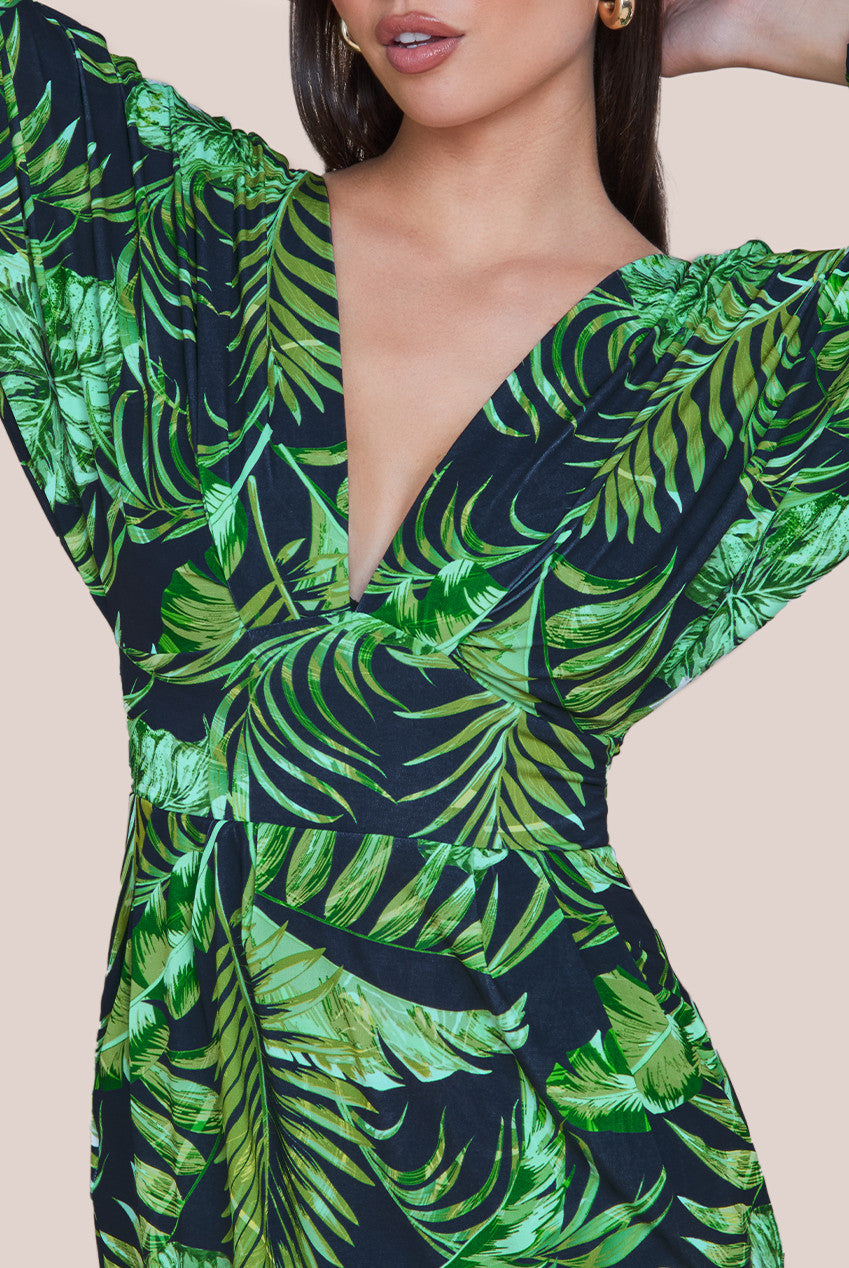 Tropical Print Midi With Batwing Sleeves - Green DR3662