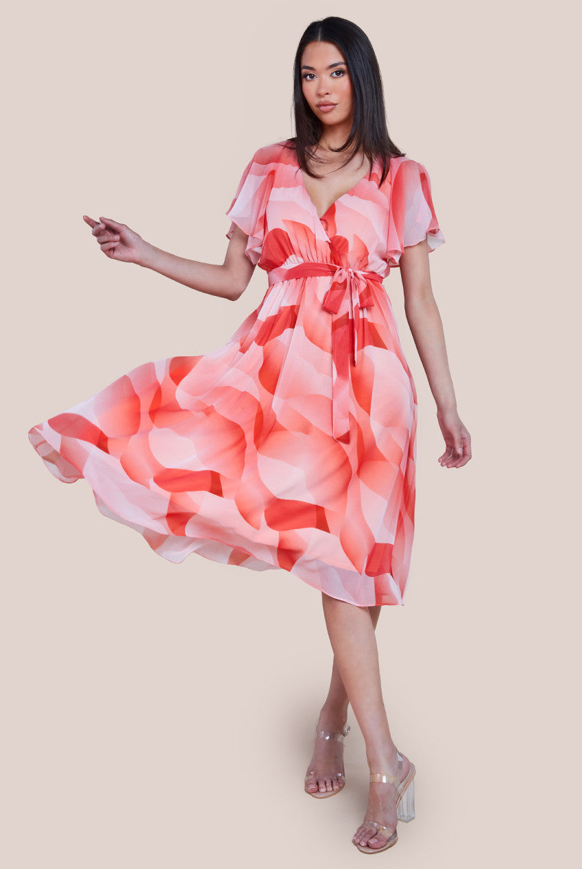 Printed Flutter Sleeve Chiffon Midi Dress - Coral DR4515