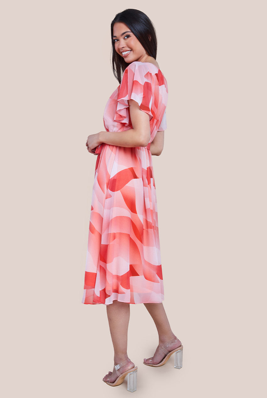 Printed Flutter Sleeve Chiffon Midi Dress - Coral DR4515