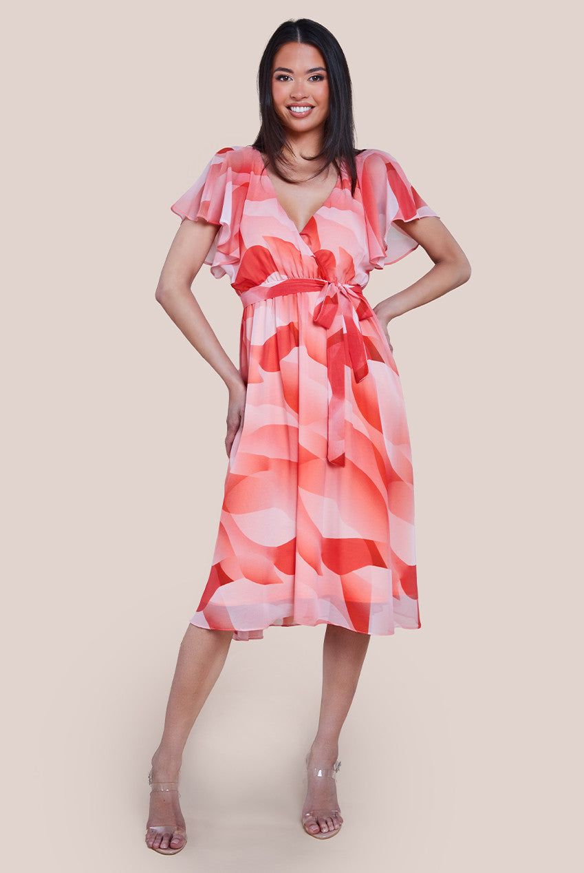 Printed Flutter Sleeve Chiffon Midi Dress - Coral DR4515