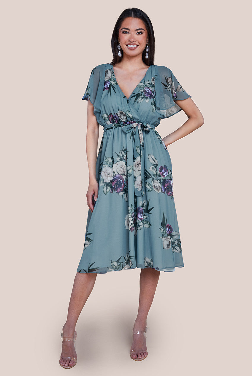 Floral Printed Flutter Sleeve Chiffon Midi Dress - Airforce Blue DR4515