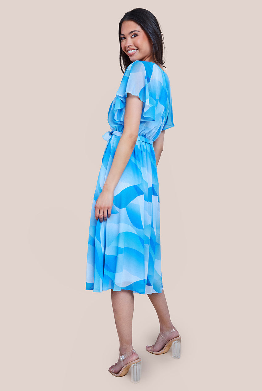 Printed Flutter Sleeve Chiffon Midi Dress - Light Blue DR4515