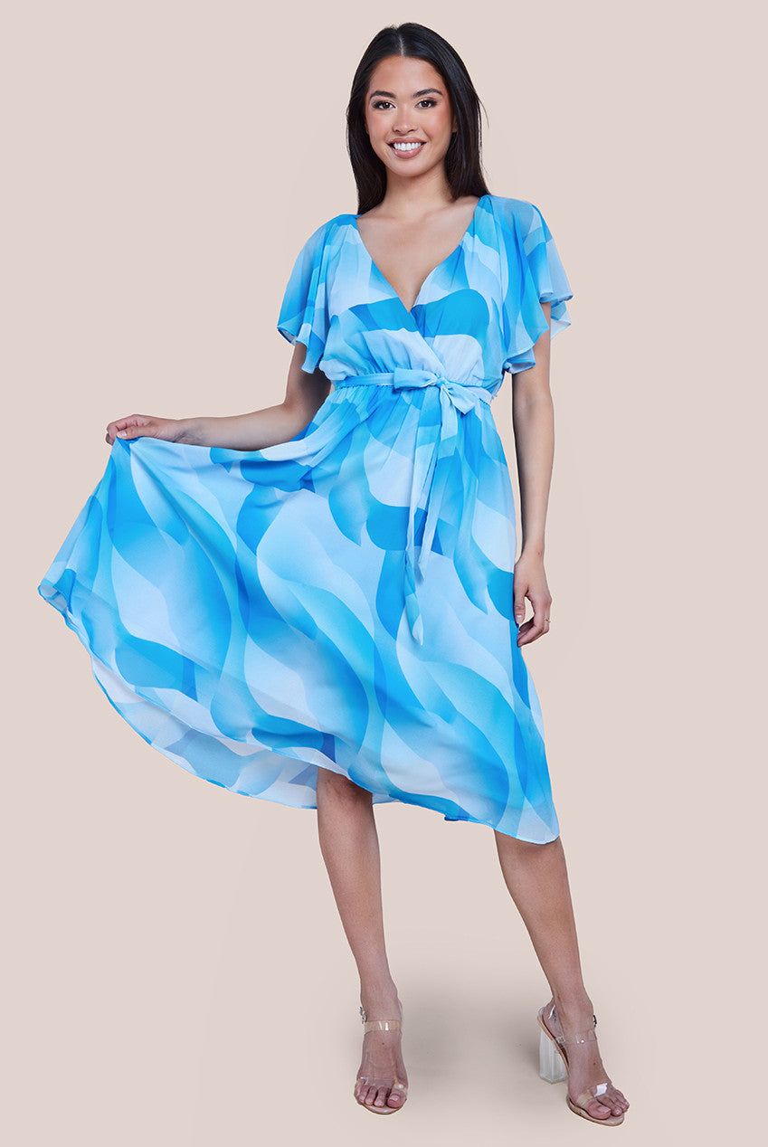 Printed Flutter Sleeve Chiffon Midi Dress - Light Blue DR4515