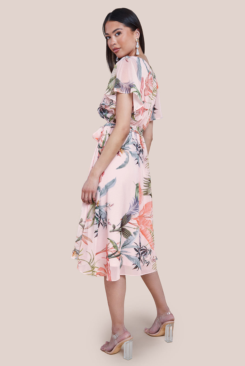 Floral Printed Flutter Sleeve Chiffon Midi Dress - Off White DR4515