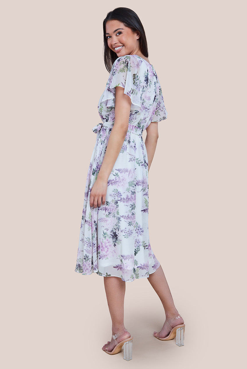 Floral Printed Flutter Sleeve Chiffon Midi Dress - Cream DR4515