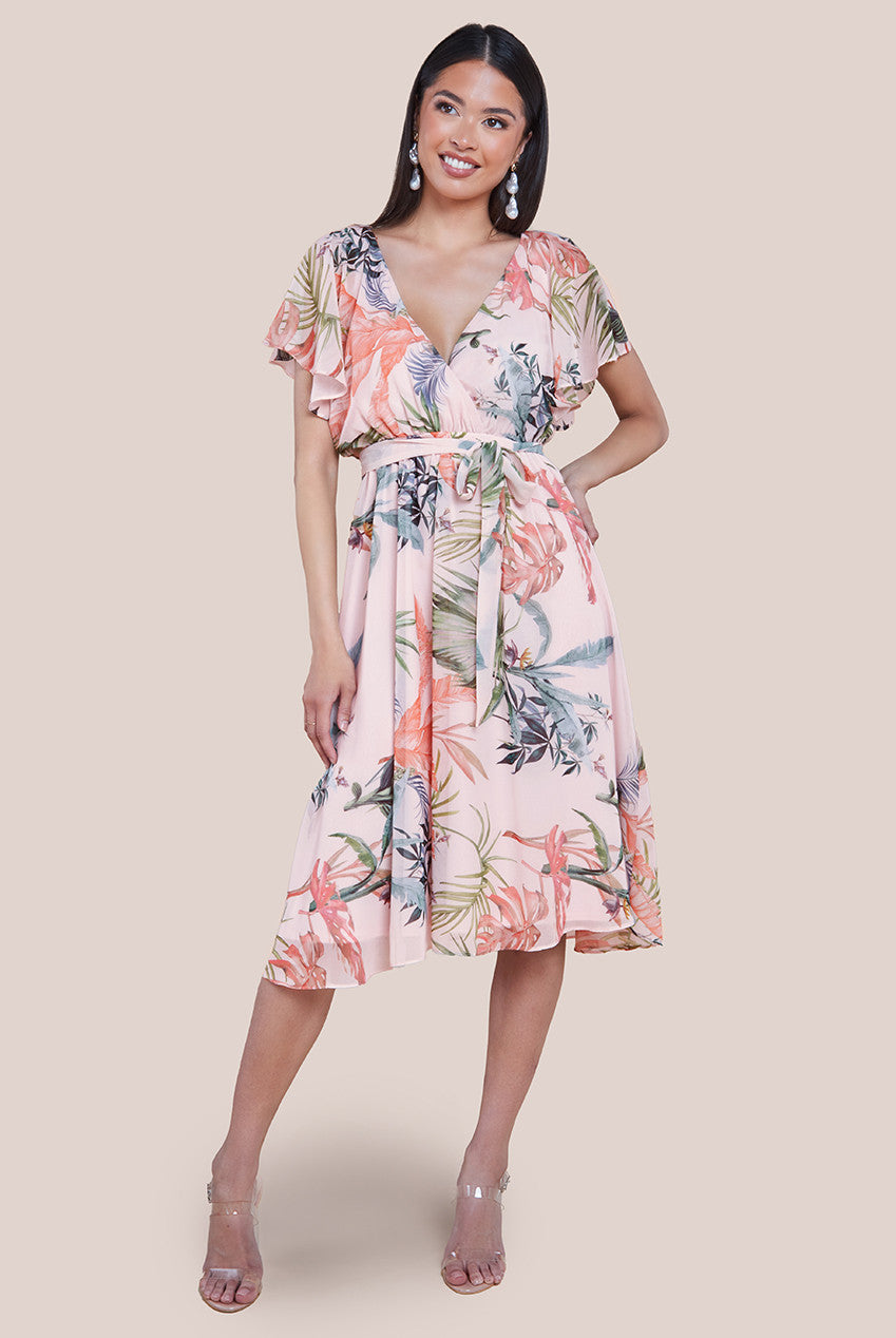 Floral Printed Flutter Sleeve Chiffon Midi Dress - Off White DR4515