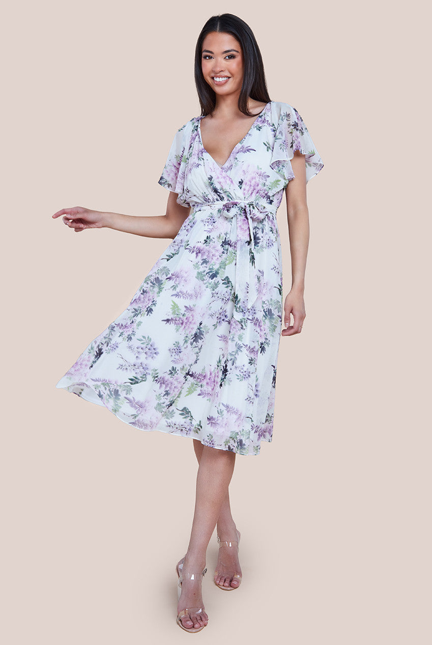 Floral Printed Flutter Sleeve Chiffon Midi Dress - Cream DR4515