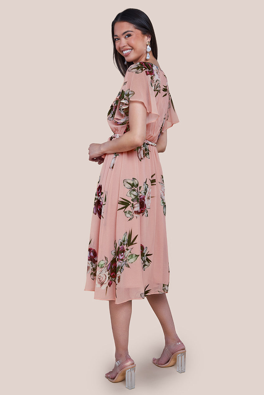 Floral Printed Flutter Sleeve Chiffon Midi Dress - Peach DR4515