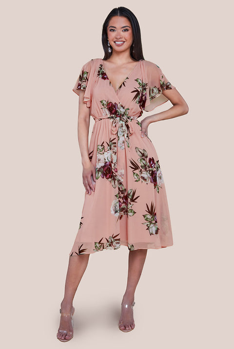 Floral Printed Flutter Sleeve Chiffon Midi Dress - Peach DR4515