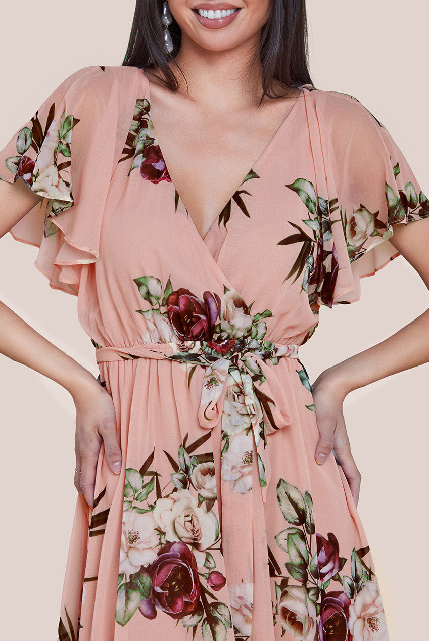 Floral Printed Flutter Sleeve Chiffon Midi Dress - Peach DR4515