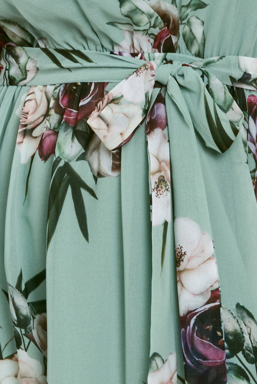 Floral Printed Flutter Sleeve Chiffon Midi Dress - Sage Green DR4515