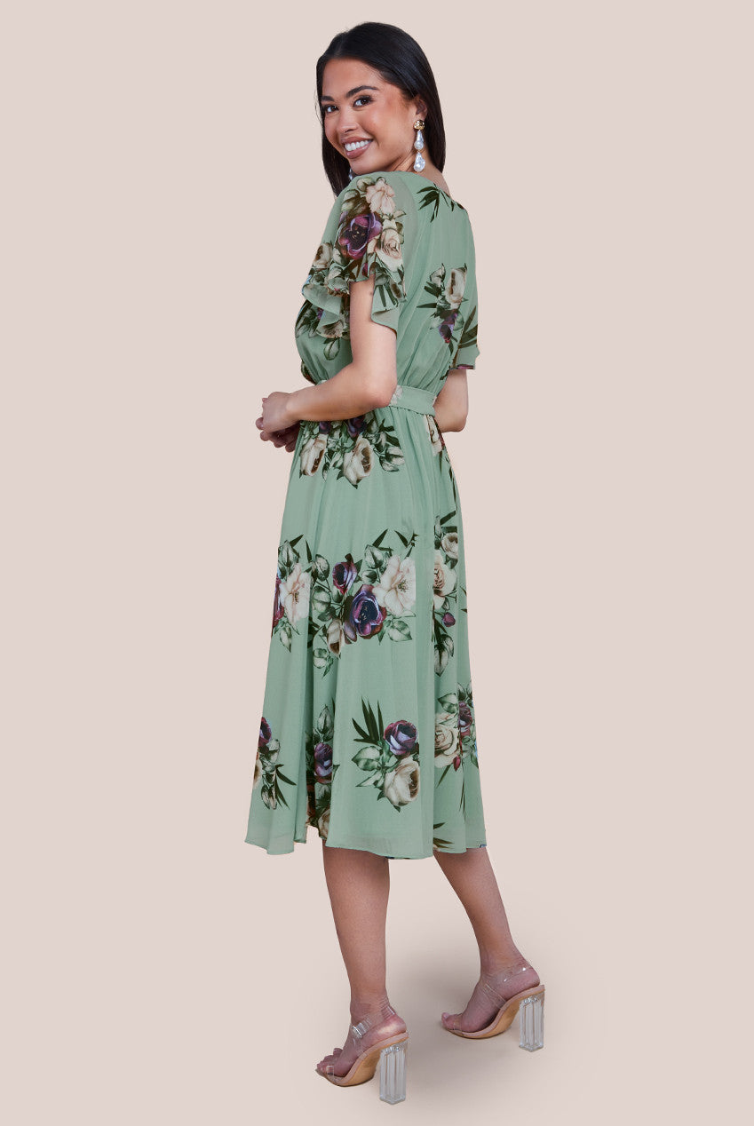 Floral Printed Flutter Sleeve Chiffon Midi Dress - Sage Green DR4515