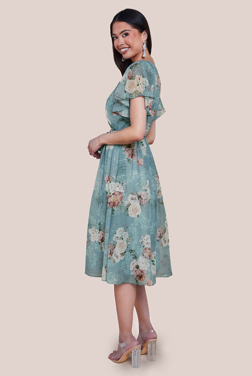 Printed Lurex A-Line Flutter Sleeve Midi Dress - Airforce Blue DR4516