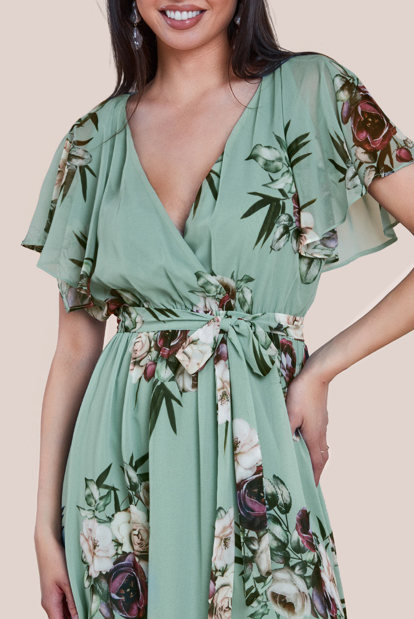 Floral Printed Flutter Sleeve Chiffon Midi Dress - Sage Green DR4515