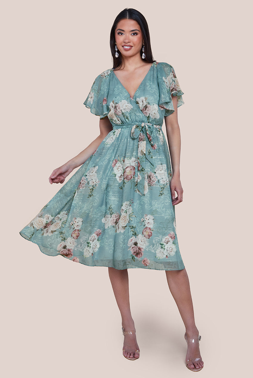 Printed Lurex A-Line Flutter Sleeve Midi Dress - Airforce Blue DR4516