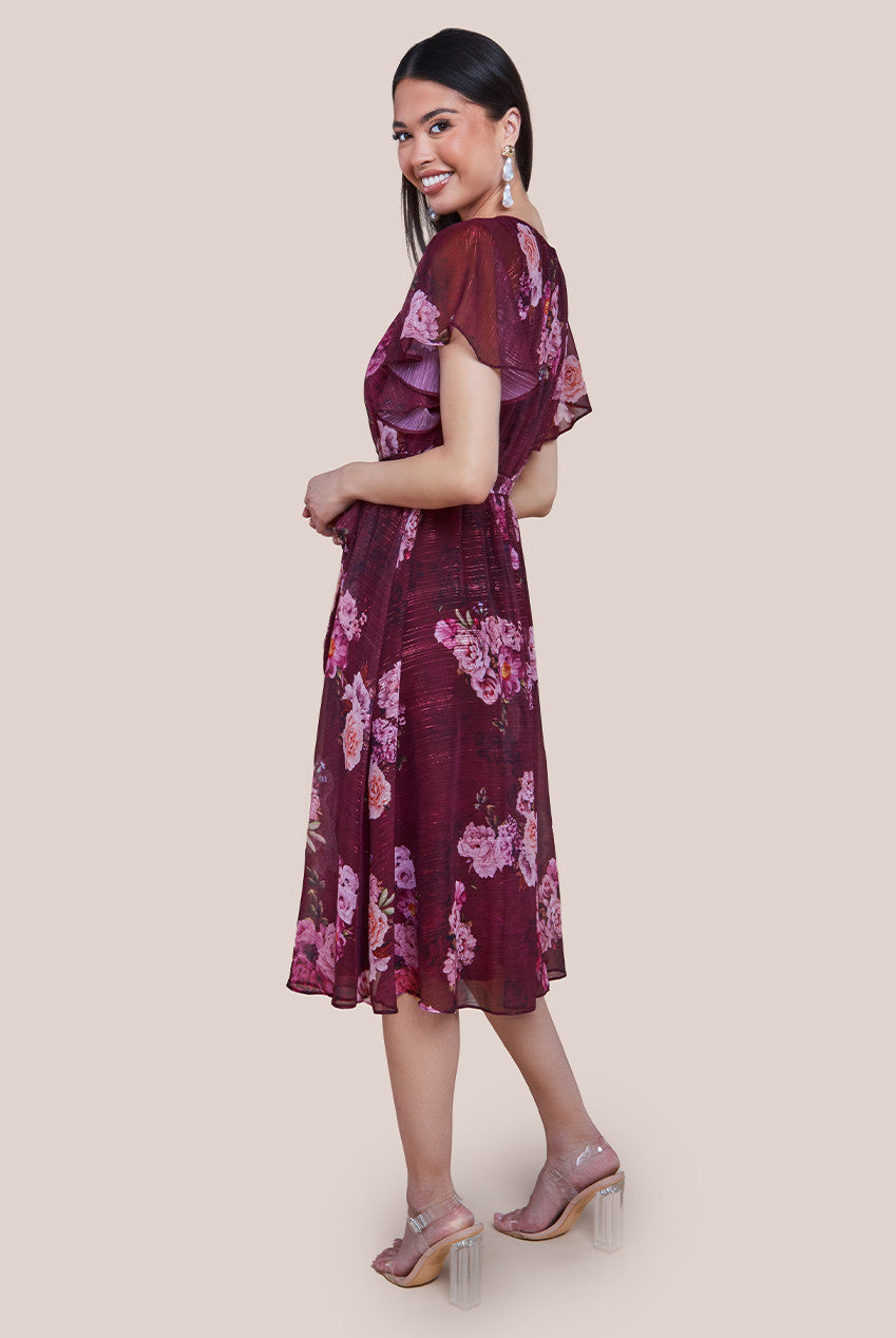 Printed Lurex A-Line Flutter Sleeve Midi Dress - Berry DR4516