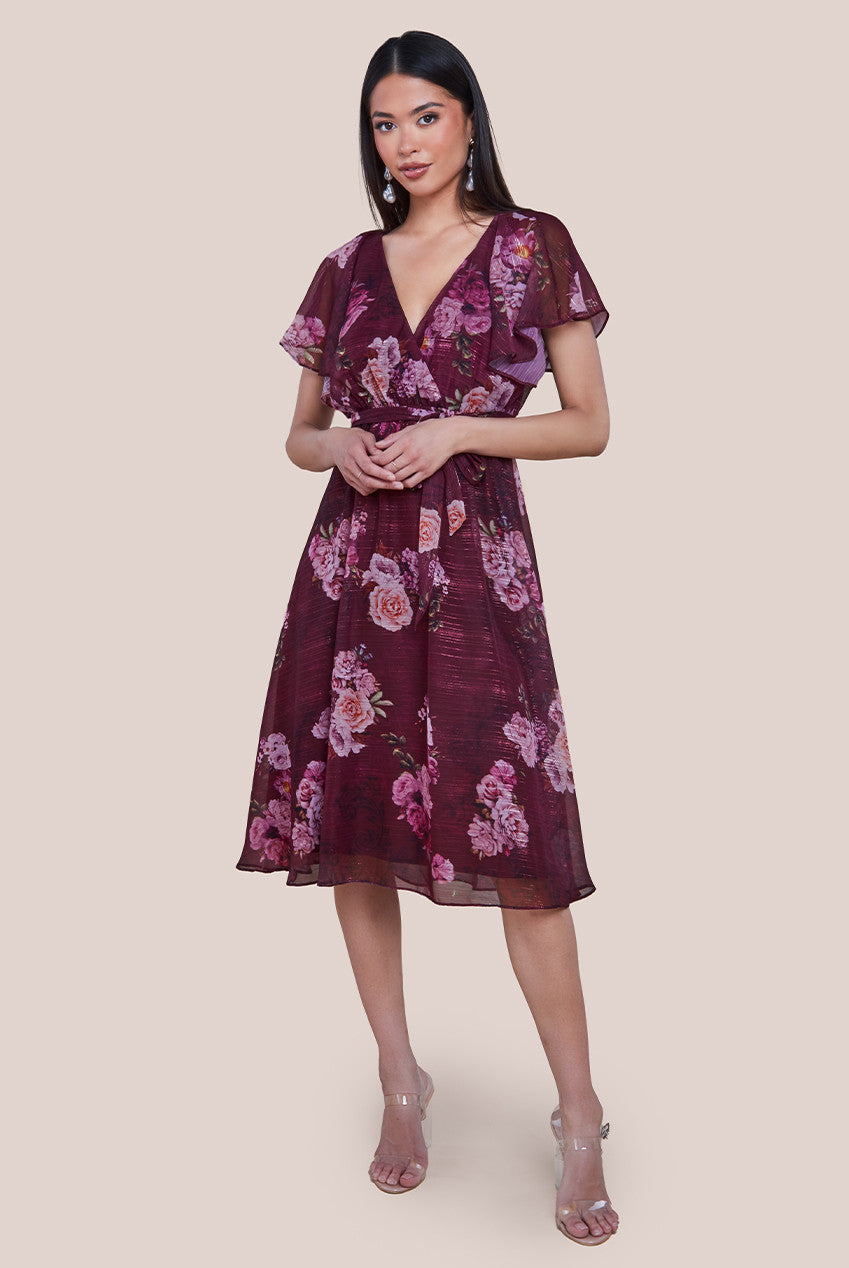 Printed Lurex A-Line Flutter Sleeve Midi Dress - Berry DR4516