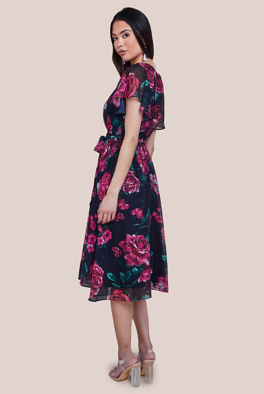 Printed Lurex A-Line Flutter Sleeve Midi Dress - Black DR4516