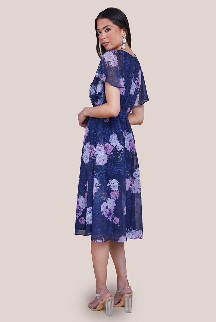 Printed Lurex A-Line Flutter Sleeve Midi Dress - Navy DR4516