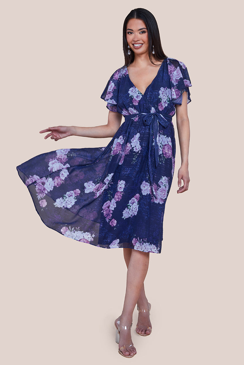 Printed Lurex A-Line Flutter Sleeve Midi Dress - Navy DR4516