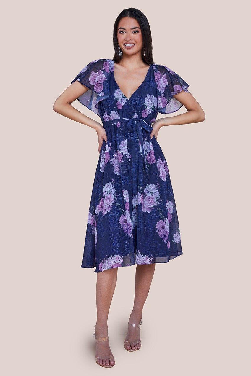 Printed Lurex A-Line Flutter Sleeve Midi Dress - Navy DR4516