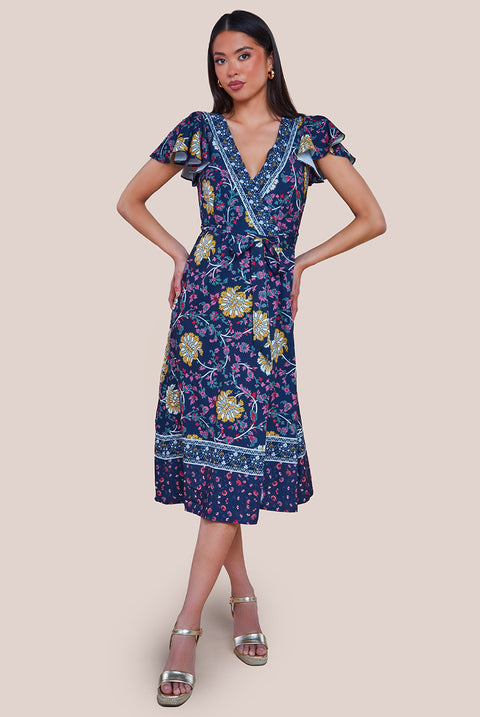 Floral Print Wrap Midi With Flutter Sleeves - Navy Print DR3440