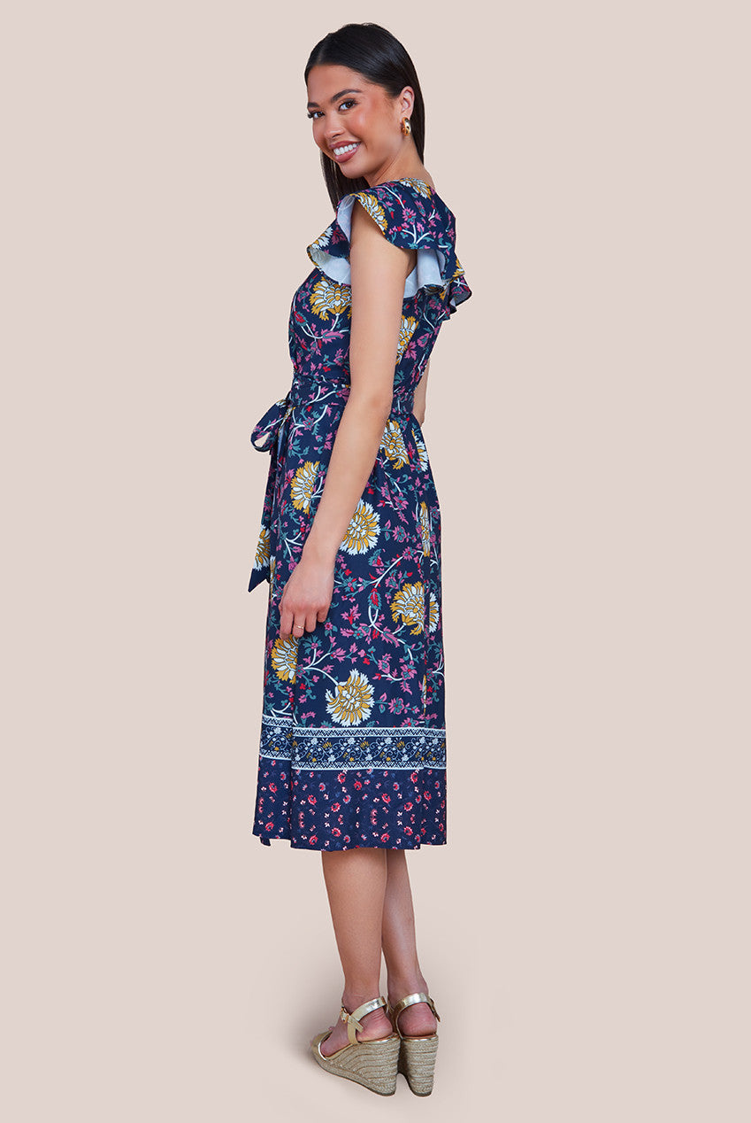 Floral Print Wrap Midi With Flutter Sleeves - Navy Print DR3440