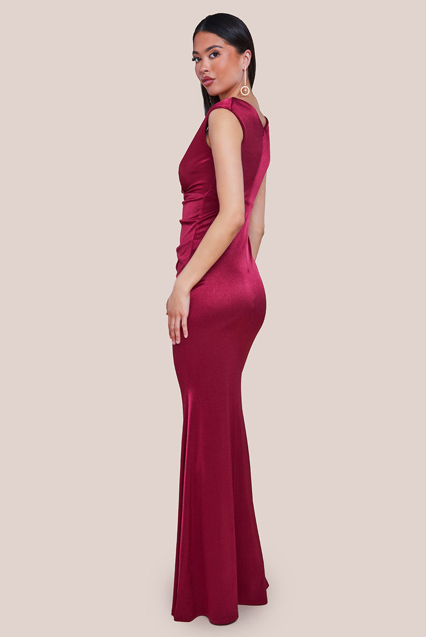 Satin Off The Shoulder Maxi Dress - Wine DR3580