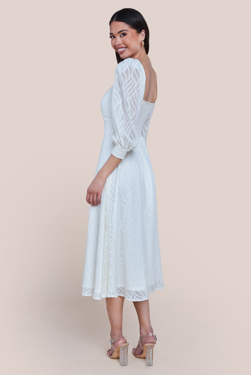 Puff Sleeve Side Slit Flared Jacquard Chiffon Midi Dress - Cream DR4447