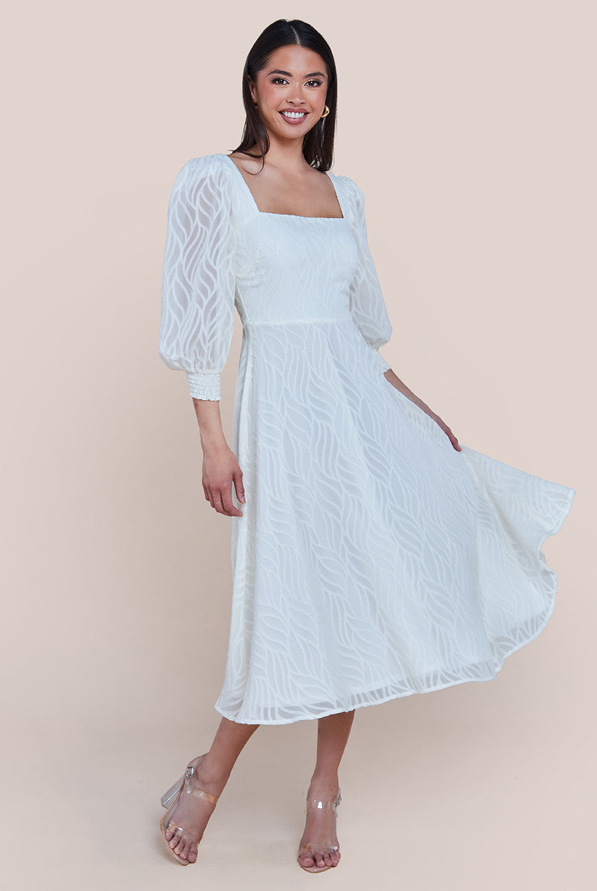 Puff Sleeve Side Slit Flared Jacquard Chiffon Midi Dress - Cream DR4447