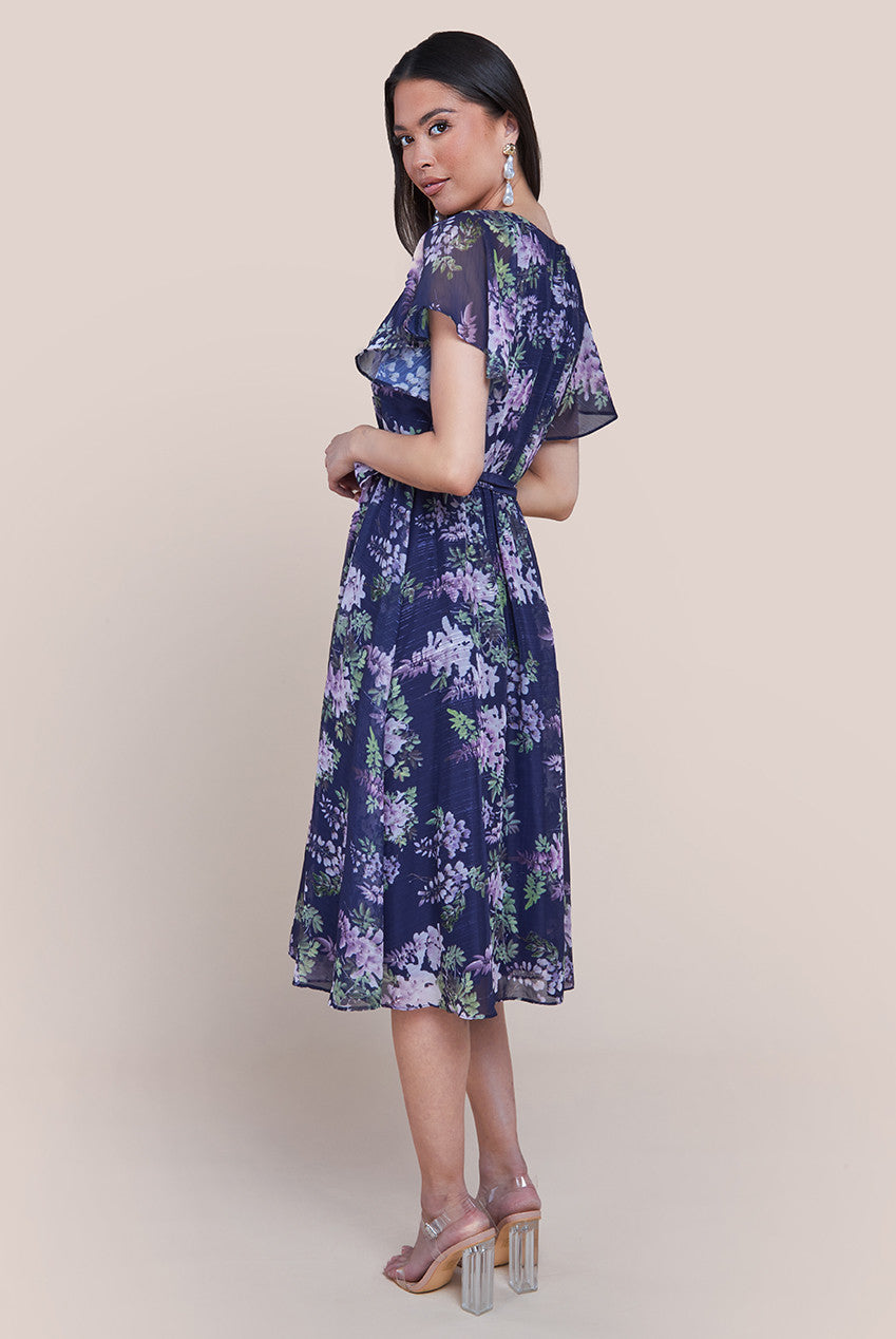 Printed Lurex A-Line Flutter Sleeve Midi Dress - Navy Blue DR4516